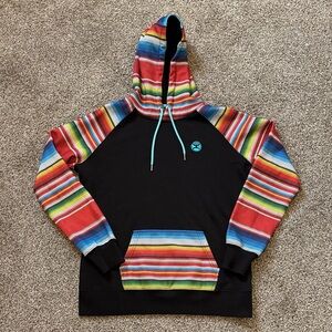 HOOEY Women’s Sz L Tijuana Hooded Sweatshirt Multi-Colored Aztec Raglan Sleeves